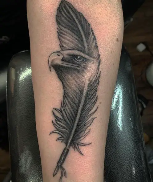 Feather and Native American Eagle Forearm Tattoo