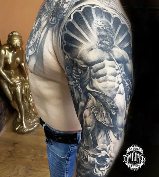 Black and Grey Hades Statue Arm Tattoo