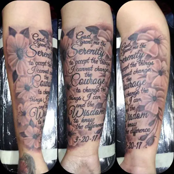 Black and Grey Flowers and Serenity Prayer Forearm Tattoo