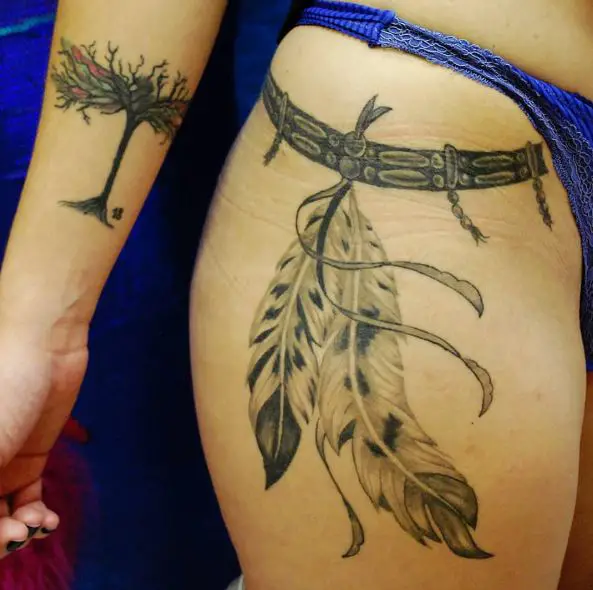 Native American Eagle Feathers Hip Tattoo