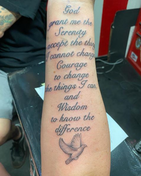 Pigeon and Serenity Prayer Forearm Tattoo