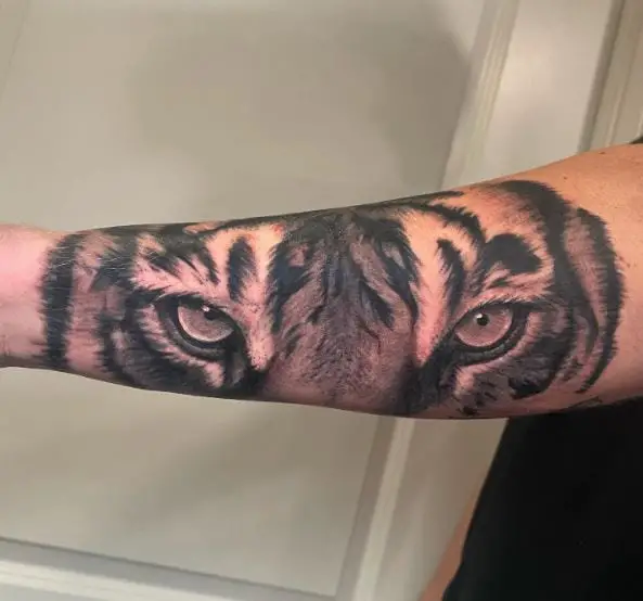 Black and Grey Tiger Eyes Arm Tattoo
