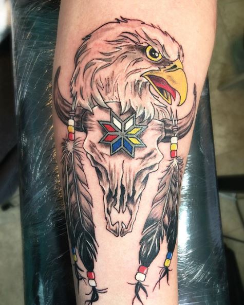 Bison Skull and Native American Eagle Forearm Tattoo