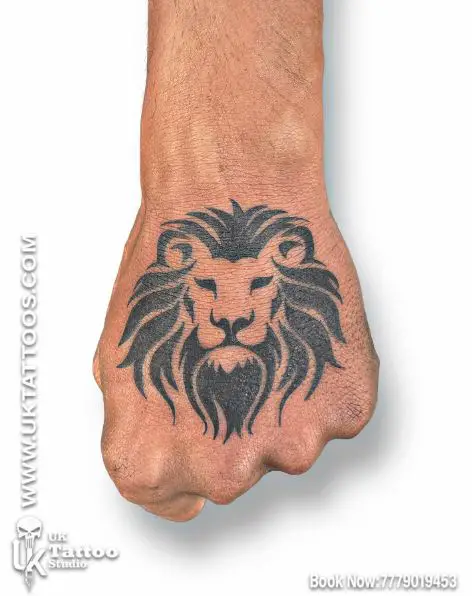 Black and Grey Simple Lion Hand Tattoo