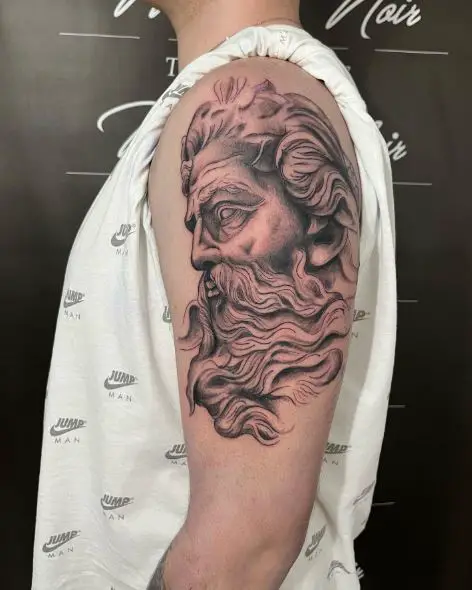 Black and Grey Hades with Long Beard Arm Tattoo