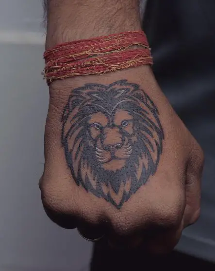 Black and Grey Simple Lion with White Mustaches Hand Tattoo