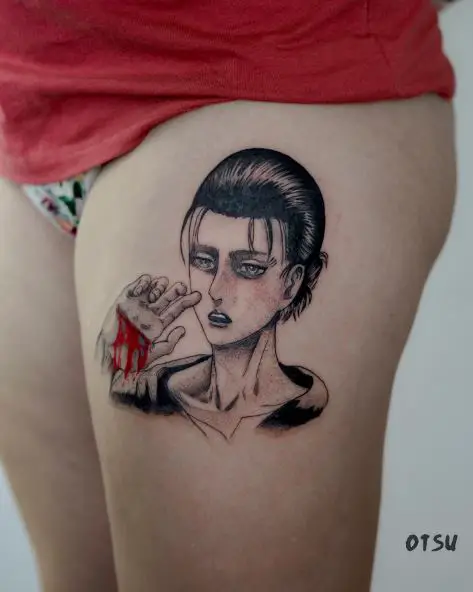 Eren Yeager with Bloody Hand Thigh Tattoo