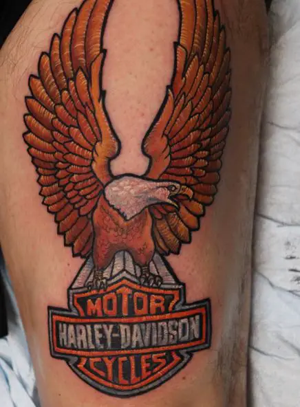 Colorful Eagle and Harley Davidson Logo Thigh Tattoo