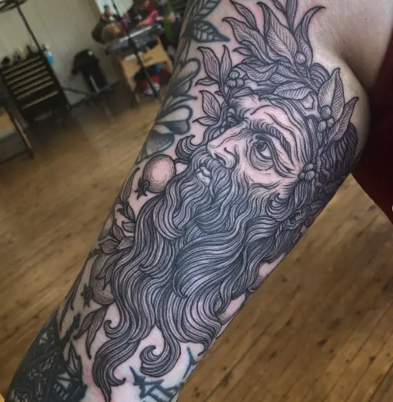 Illustrated Hades with Long Beard Inner Biceps Tattoo