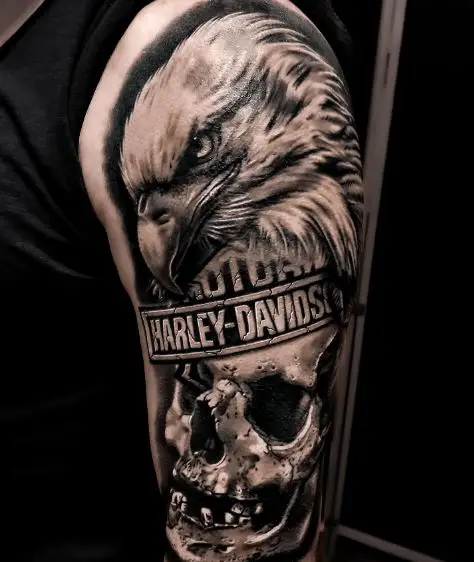 Eagle, Skull and Harley Davidson Logo Arm Tattoo