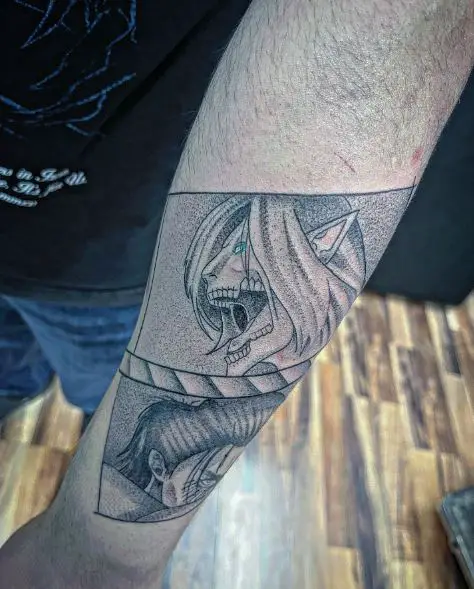 Grey Shaded Eren Titan Form Forearm Tattoo