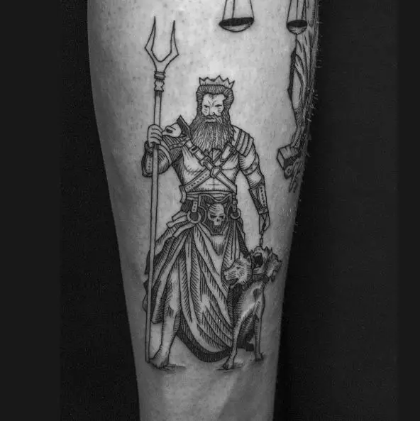 Illustrated Hades, with Bident and Crown Leg Tattoo