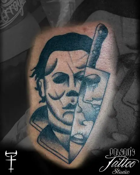 Michael Myers, and Knife with Woman Faces on Blade Chest Tattoo
