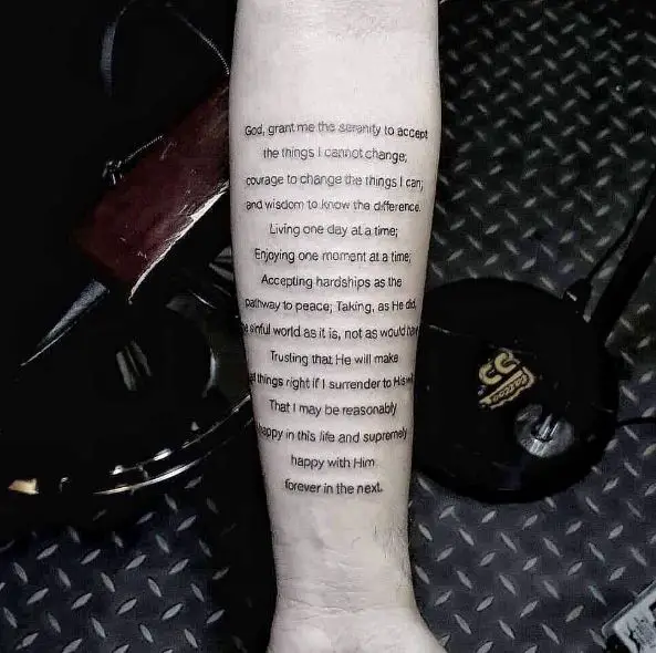 Black Font Full Serenity Prayer Forearm Tattoo