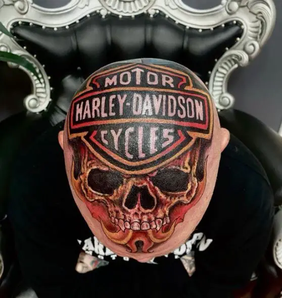 Colorful Skull and Harley Davidson Logo Head Tattoo