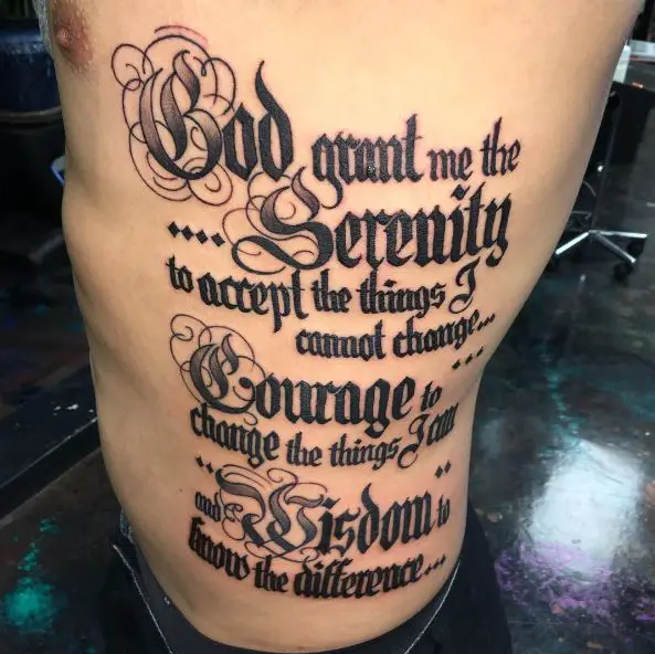 Calligraphic Serenity Prayer Quote Ribs Tattoo