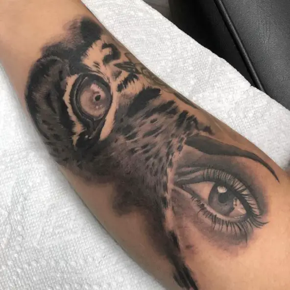 Woman Eye and Tiger Eye Forearm Tattoo