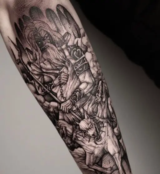 Hades, with Cerberus and Bident Forearm Tattoo
