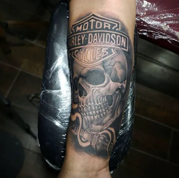 Skull and Harley Davidson Logo Forearm Tattoo