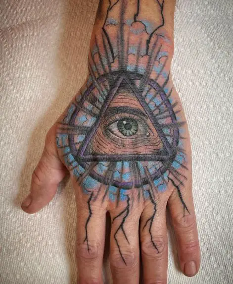 Colorful AA Symbol with Eye Hand Tattoo
