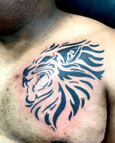 Black Tribal Simple Lion Chest Tattoo