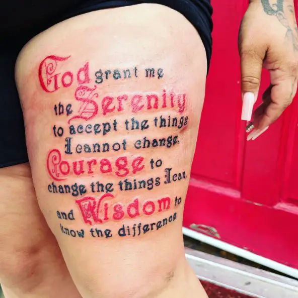 Black and Red Font Serenity Prayer Quote Thigh Tattoo