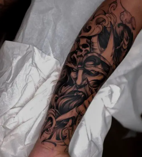 Black and Grey Hades with Helmet Forearm Sleeve Tattoo