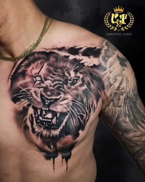 Roaring Lion Head Chest Tattoo