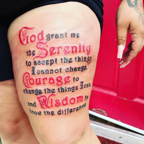 Black and Red Vintage Font Serenity Prayer Thigh Tattoo