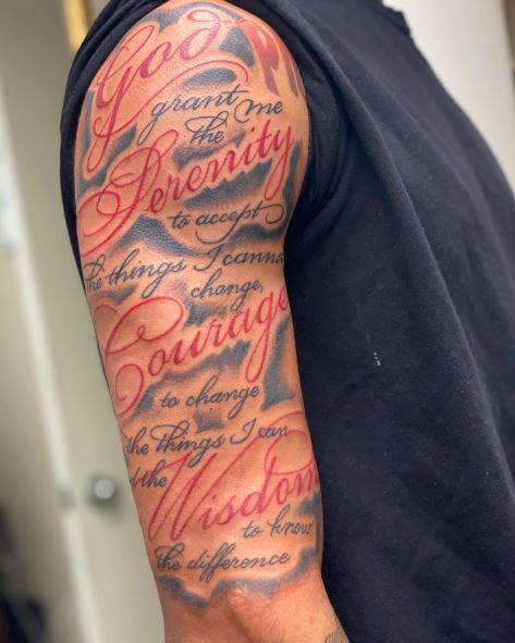 Grey and Red Font Serenity Prayer Quote Arm Tattoo