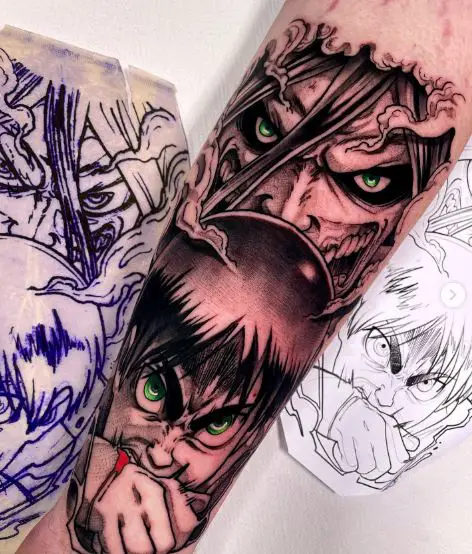 Green Eyed Eren Titan Form Forearm Tattoo