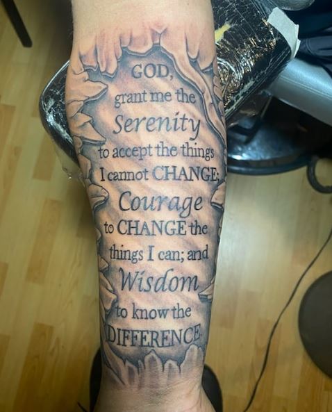 Torn Skin and Serenity Prayer Forearm Tattoo