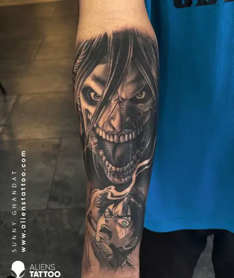 Black and Grey Eren Titan Form Forearm Sleeve Tattoo