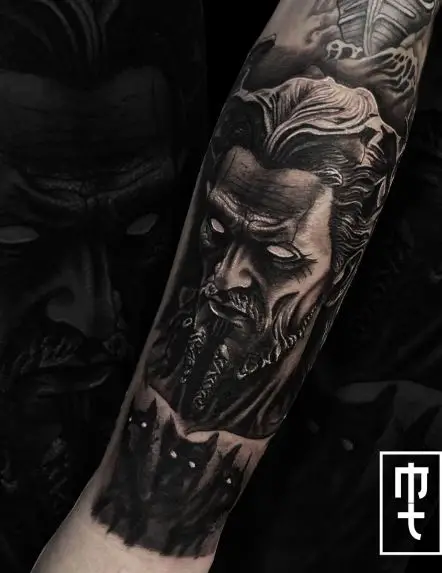 Black and Grey Cerberus and Hades Forearm Tattoo