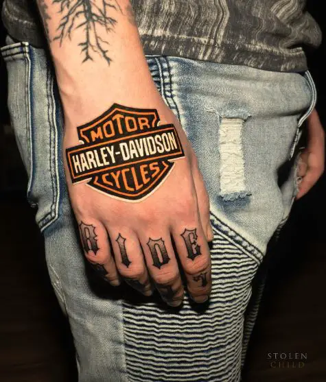 Colorful Harley Davidson Logo Hand Tattoo