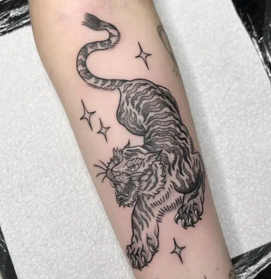 Stars and Roaring Tiger Forearm Tattoo
