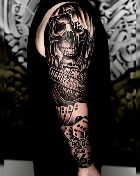 Skull, Poker and Harley Davidson Logo Arm Sleeve Tattoo