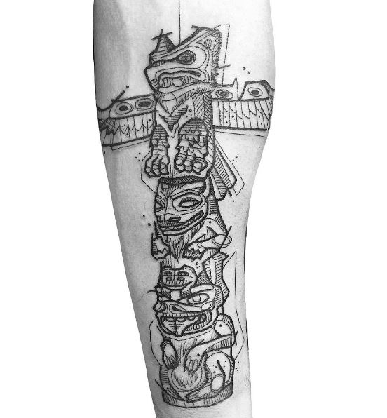 Sketched Native American Totem Pole Forearm Tattoo