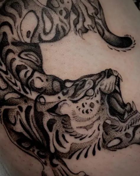 Black and Grey Shaded Roaring Tiger Tattoo