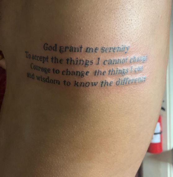Grey Font Serenity Prayer Quote Ribs Tattoo