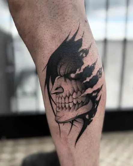 Black and Grey Eren Titan Form Leg Tattoo