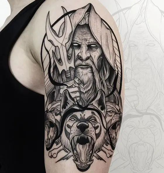 Cerberus, and Hades with Bident and Hoodie Arm Tattoo