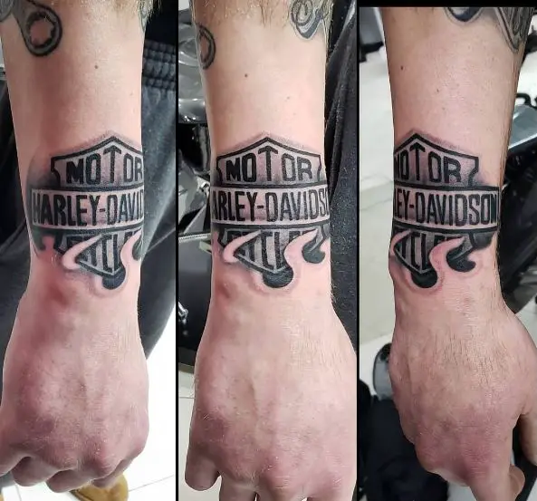 Black and Grey Harley Davidson Logo Wrist Tattoo