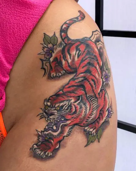 Black and Red Roaring Tiger Hip Tattoo