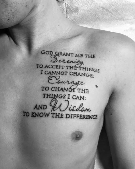 Black Font Serenity Prayer Quote Chest Tattoo