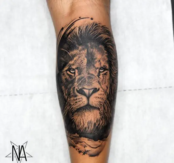 Black and Grey Realistic Lion Head Calf Tattoo