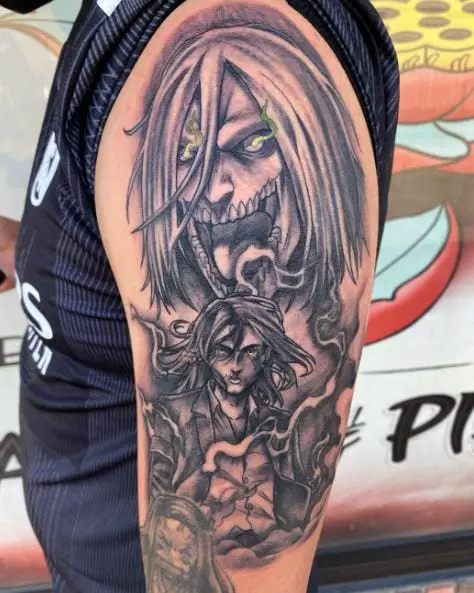 Black and Grey Eren Titan Form Arm Tattoo