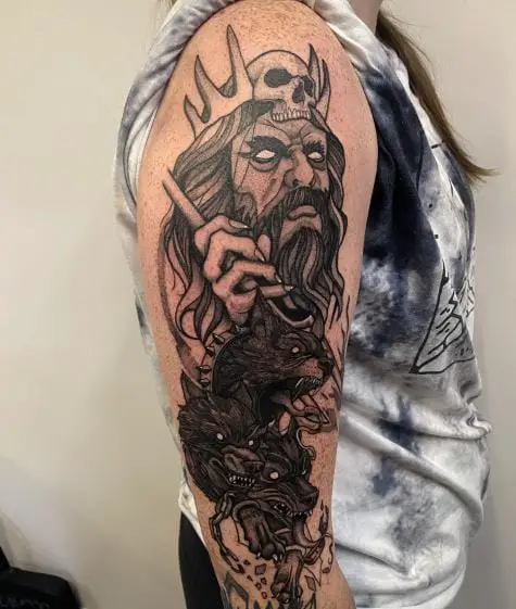 Cerberus and Hades with Skull Crown Arm Tattoo