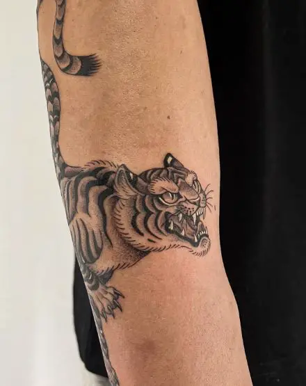 Black and Grey Roaring Tiger Arm Tattoo