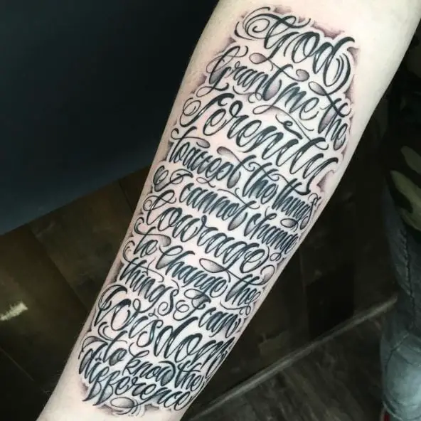 Shaded Letters Serenity Prayer Forearm Tattoo